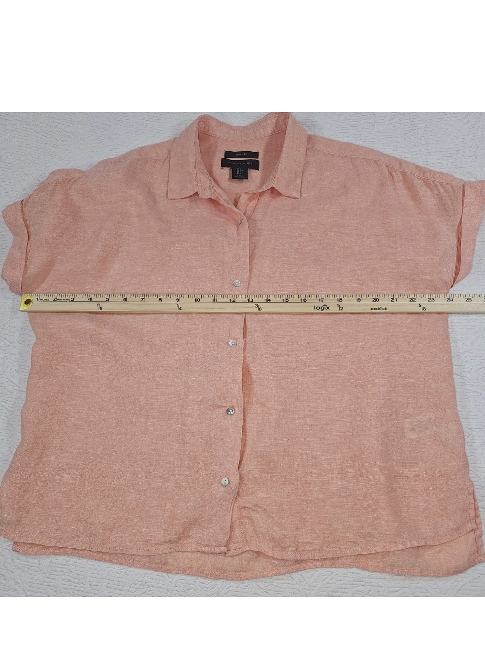 100% Linen Womens Blouse Top Peach Button-up Short Sleeve Minimalist Relaxed L - Picture 5 of 5